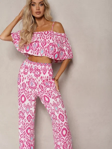Fuksjowy Komplet z Bawełny Spodnie z Gumką w Talii Góra na Ramiączkach Clarivia różowe