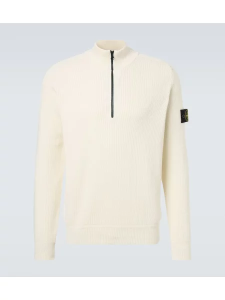 Pulover Stone Island cu strasuri de jumătate de fermoar alb