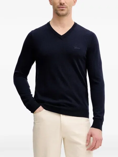 Pulover Guess cu broderie cu decolteu în V albastru
