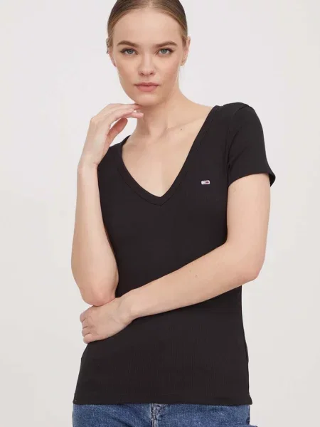 Tommy Jeans T-shirt γυναικείο με ελαστάν μαύρο