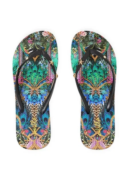 Șlapi Camilla cu imagine cu imprimeu animal print negru