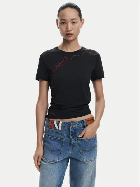 Тениска Desigual T-Shirt With Embroidered Lettering Black XS черно