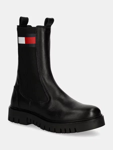 Кожени боти челси Tommy Jeans TJW LONG CHELSEA BOOT с платформа черно