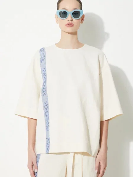 JW Anderson bluzka z domieszką lnu Boxy T-Shirt wzorzysta beżowy