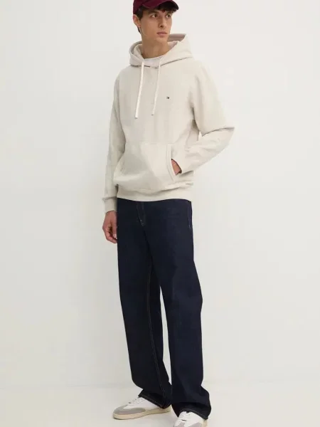 Tommy Hilfiger pulover s kapuco z bombažem bež