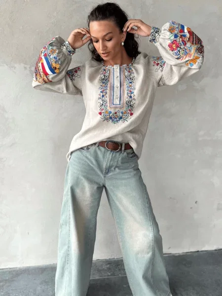 Лляна Вишита сорочка Едельвіка бежевий