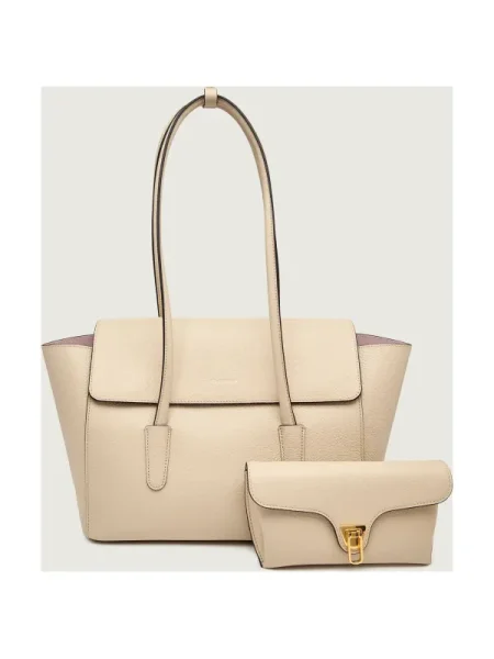 Coccinelle De piele geantă shopper DOUBLE BEAT bej