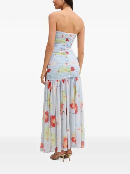 Rochie maxi Bardot cu model floral cu imagine albastru