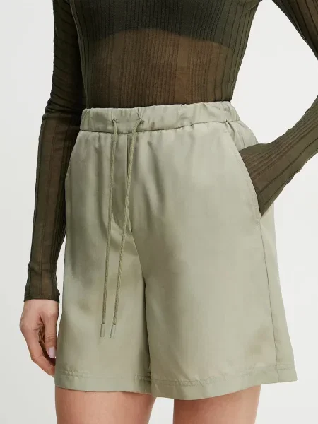 Marella pantaloni scurți din mătase BORBONA femei uni high waist verde