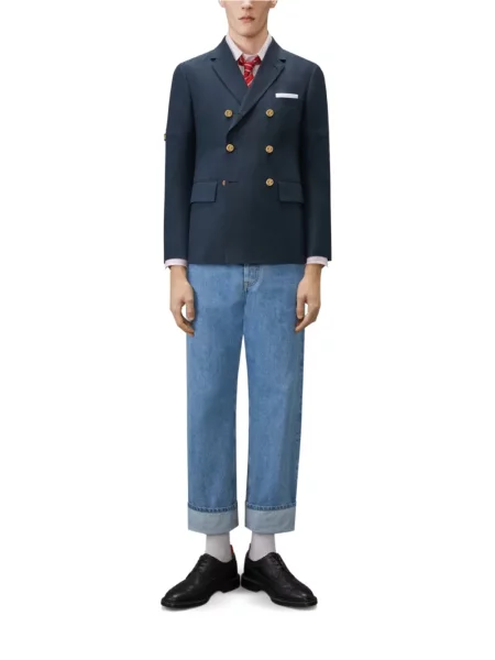 Pruhovaná dvouřadá bunda Thom Browne modrá