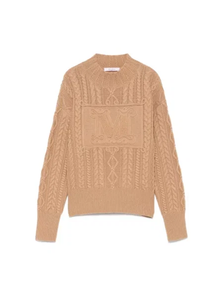 Dzianinowy golf sweter z golfem Max Mara z dekoltem w serek brązowy