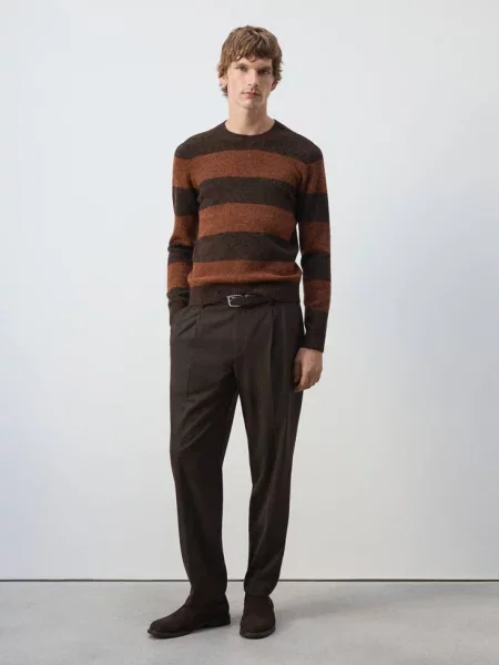 Sweter z dzianiny z mieszanki wełny i alpaki w paski intensywny Mężczyzna S MANGO MAN pomarańczowy