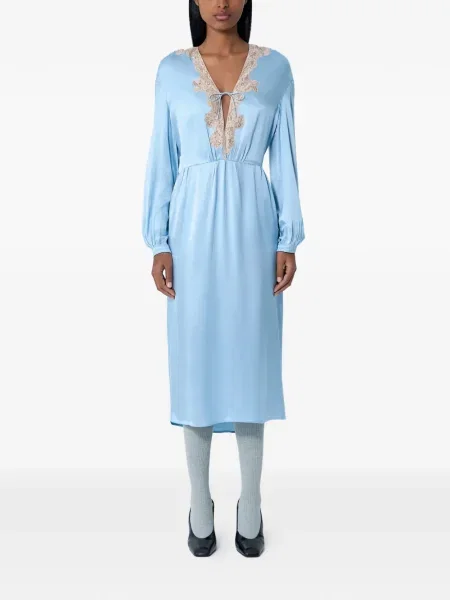 Rochie midi Prada din satin cu decolteu în V până la genunchi albastru