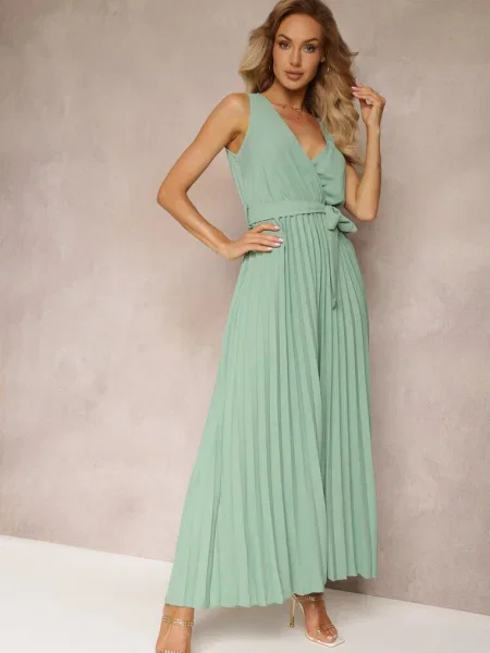 Rochie evazată maxi cu pliuri și în talie Sare verde
