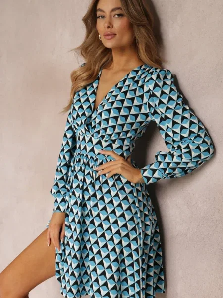 Sukienka Mini w Geometryczny Wzór z Długim Rękawem Ezrie niebieska