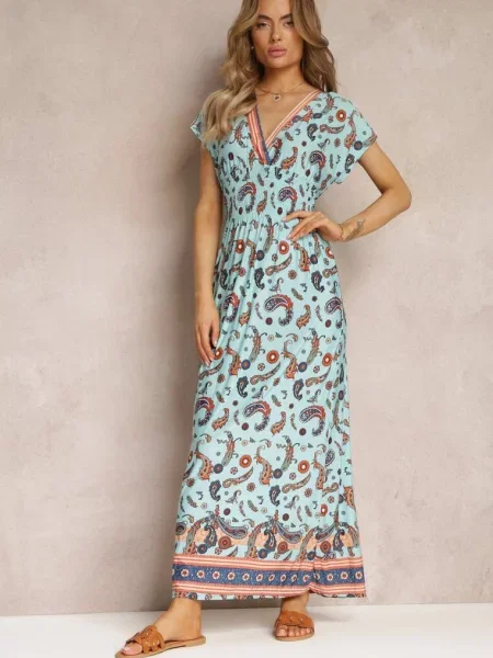 Jasnoniebieska Rozkloszowana Sukienka Maxi z Printem Paisley z Gumką w Pasie Zoenia niebieska