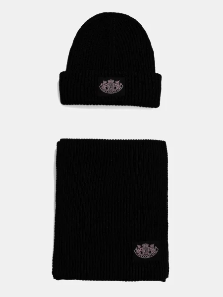 Juicy Couture Șal + căciulă CHEETAH CREST cu adaos de lână negru