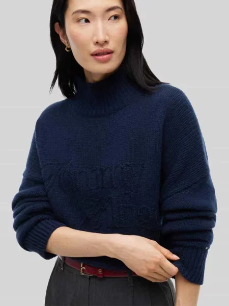 Półgolf z wełny z haftem logo Tommy Hilfiger granatowy