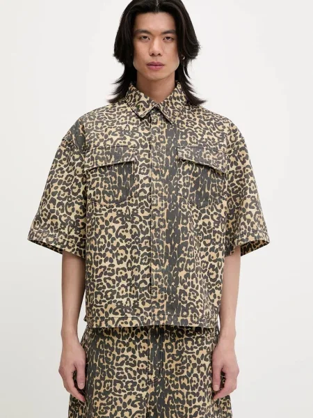 RHUDE cămașă din Leopard Boxy Work cu guler clasic relaxed maro