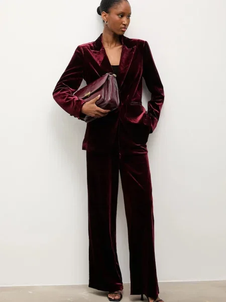 Велюровые брюки Answear.lab с высокой посадкой бордовые