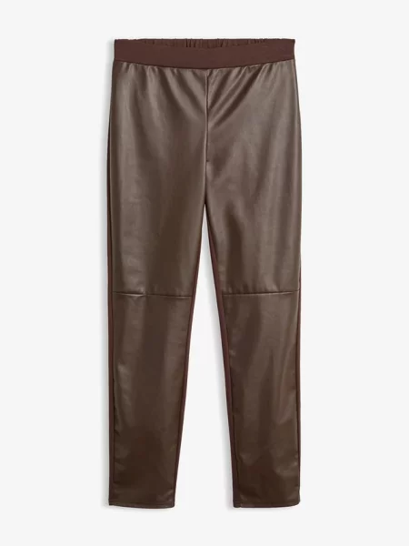 Legginsy ze sztucznej skóry ze szwami na kolanie brązowe