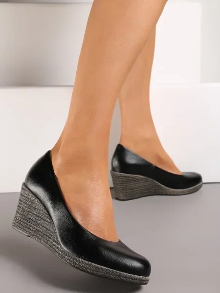 Pantofi cu brant de piele pe platforma impletita Serapne negri