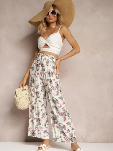 Pantaloni Palazzo din Alb-Roz Boho cu în Talie și Talie Înaltă Pravia alb