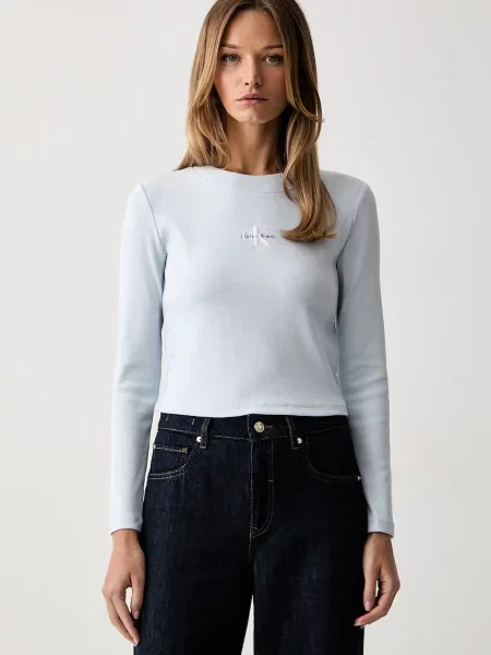 Tricou cu mânecă lungă Calvin Klein Jeans albastru
