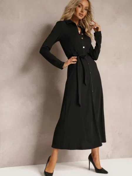 Rochie lungă de cămașă cu legare în talie Levae neagră