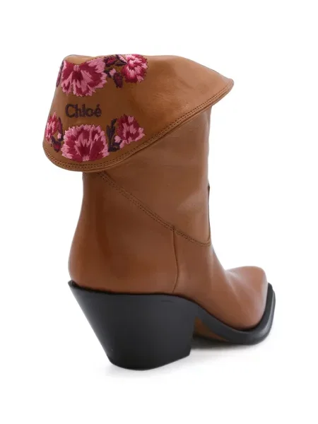Cizme scurte Chloé din piele cu model floral maro