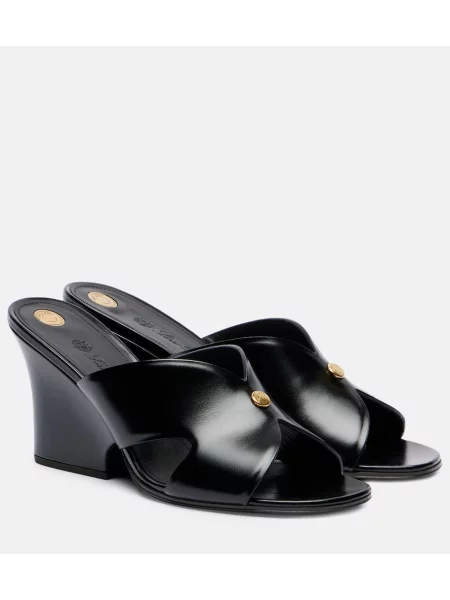 Papuci tip mules Loro Piana din piele cu pană negru