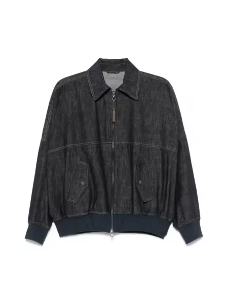 Haftowana kurtka jeansowa Brunello Cucinelli skórzana elegancka czarna