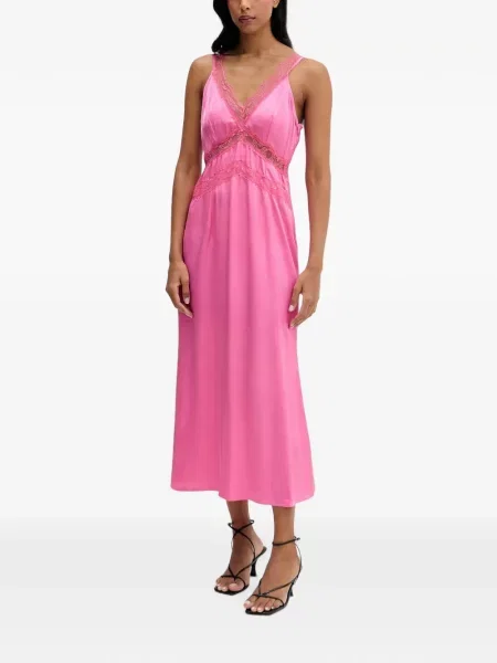Rochie midi Never Fully Dressed cu decolteu în V din dantelă roz
