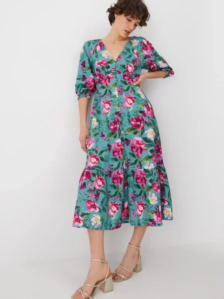 Obleka iz mešanice lana Medicine turkizna