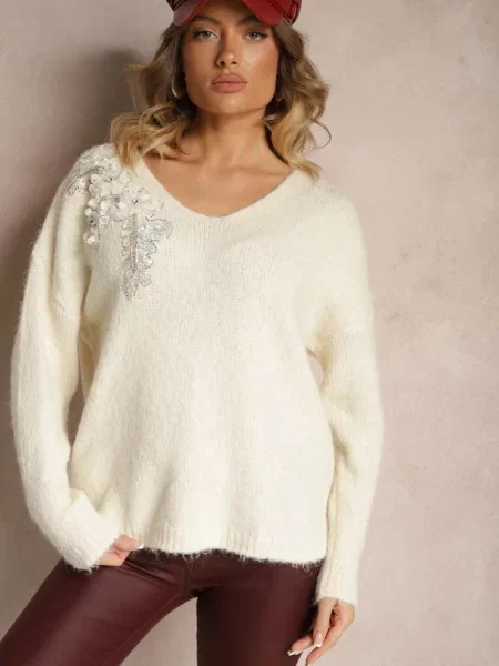 Jasnobeżowy Sweter z Wełną Ozdobiony Cekinami i Kwiatami 3D Calimi beżowy