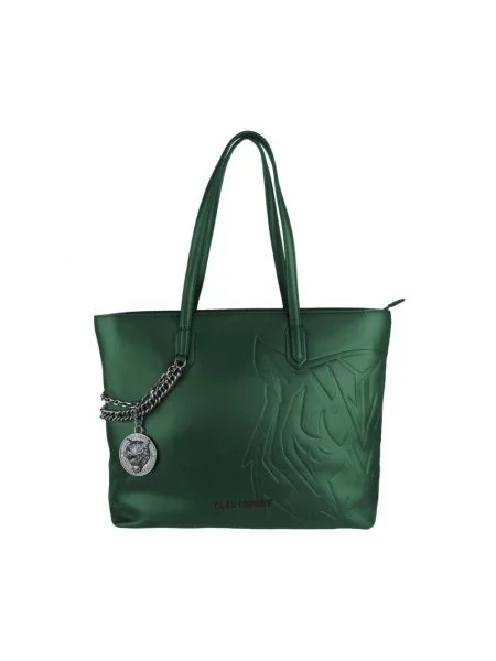 Lniana torebka skórzana Plein Sport elegancka zielona