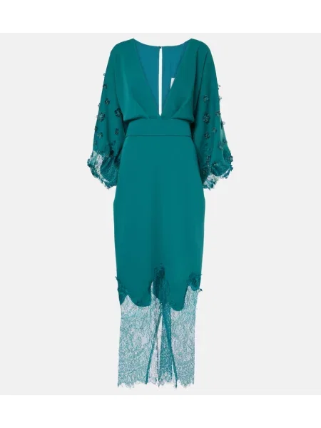 Sukienka midi Costarellos koronkowa drapowana do kolan niebieska