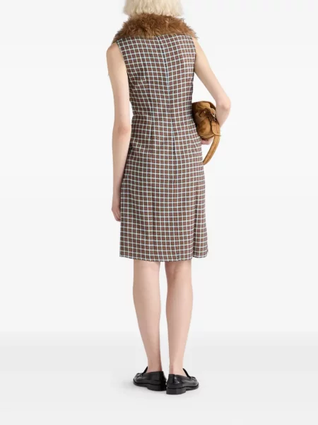 Rochie midi Prada în carouri până la genunchi de costum maro