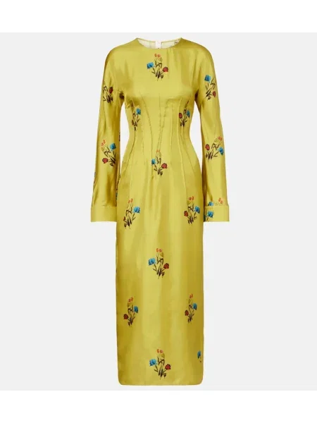 Jedwabna sukienka midi Marni w kwiatki do kolan żółta