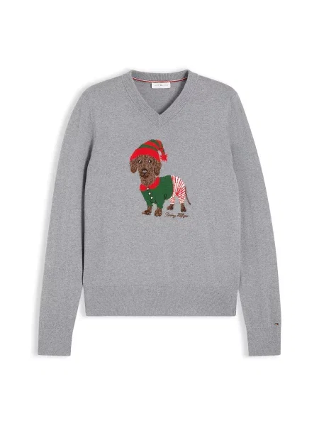 TOMMY HILFIGER Pulover gri / verde închis / roșu intens alb