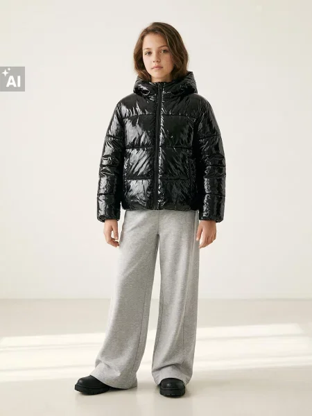 Sinsay Lesklá puffer bunda s kapucí černá