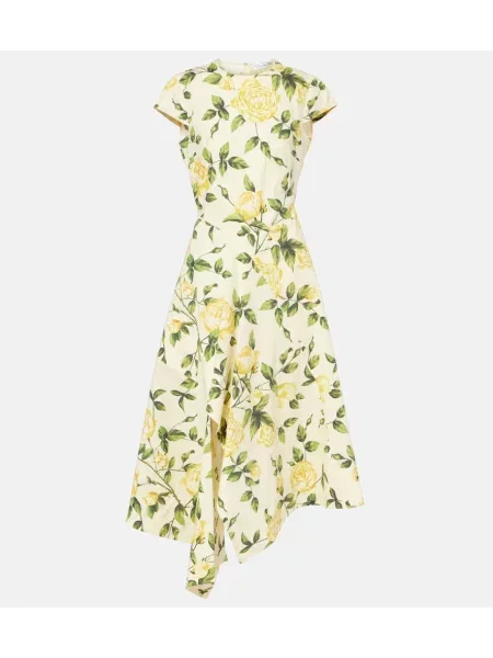 Rochie midi Oscar De La Renta cu model floral până la genunchi din poplin galben