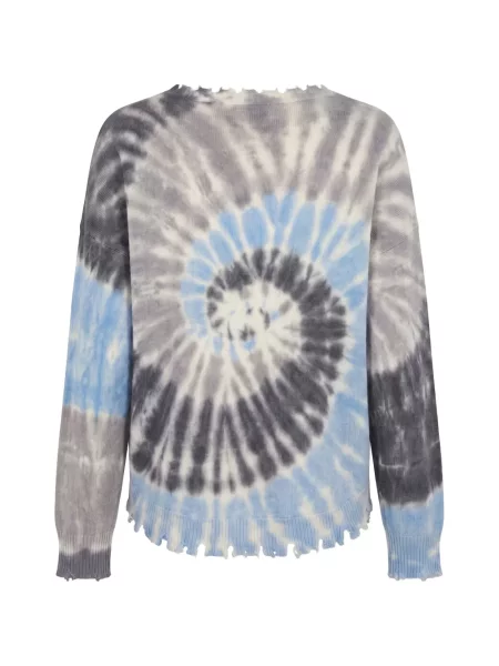 Кашмирен пуловер Kujten с протрити краища с tie-dye ефект сиво