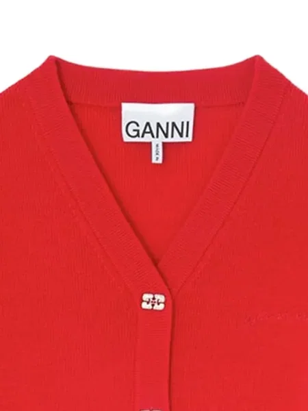 Kardigan Ganni s V-izrezom s autogramom crvena