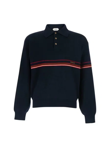 Dzianinowa koszulka polo Versace z logo niebieska
