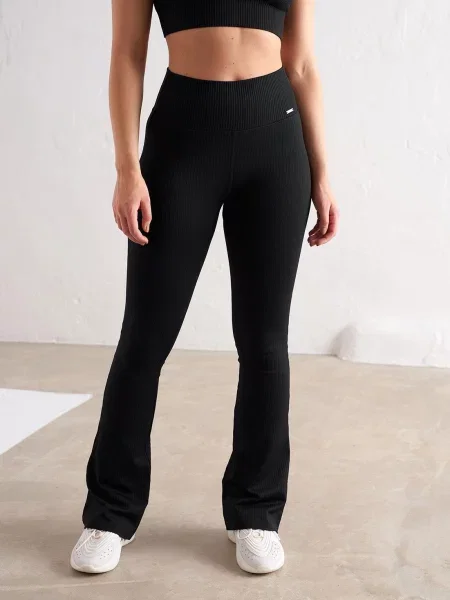 Legginsy bezszwowe prążkowane rozszerzane wysoki stan squat proof czarne