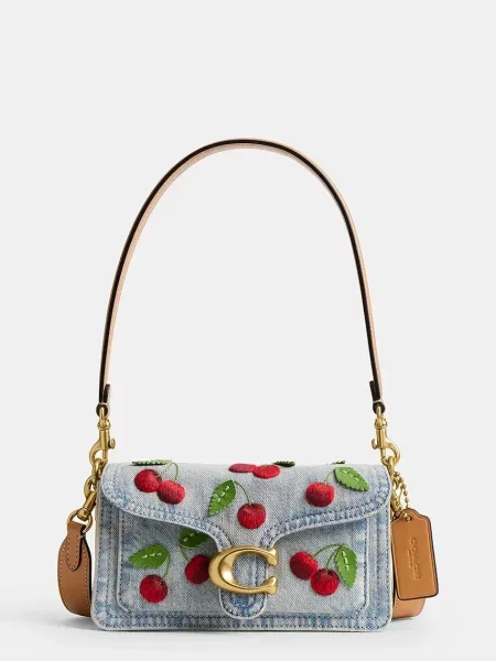 Coach geantă crossbody pentru femei din piele Cherry Embroidered Denim Tabby 20 albastru