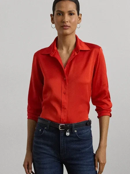 Риза Lauren Ralph Lauren дамска със стандартна кройка с класическа яка червено