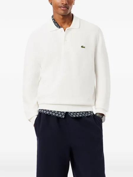 Lung tricou polo Lacoste clasic cu autograf alb