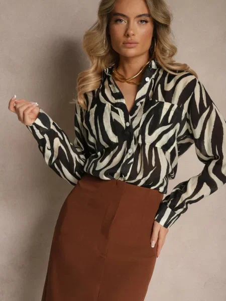 Transparentna Koszula z o Klasycznym Kroju w Print Zebra Covianne czarna